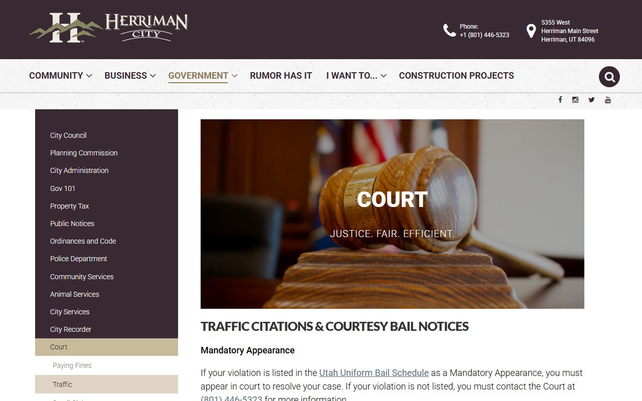 Herriman city traffic page for citation and traffic ticket records information