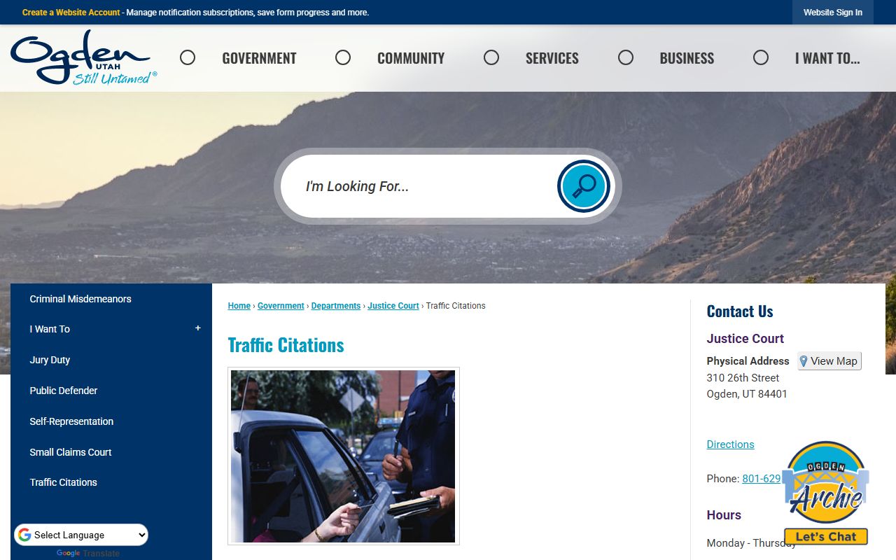 Ogden City traffic citations page showing payment and response options