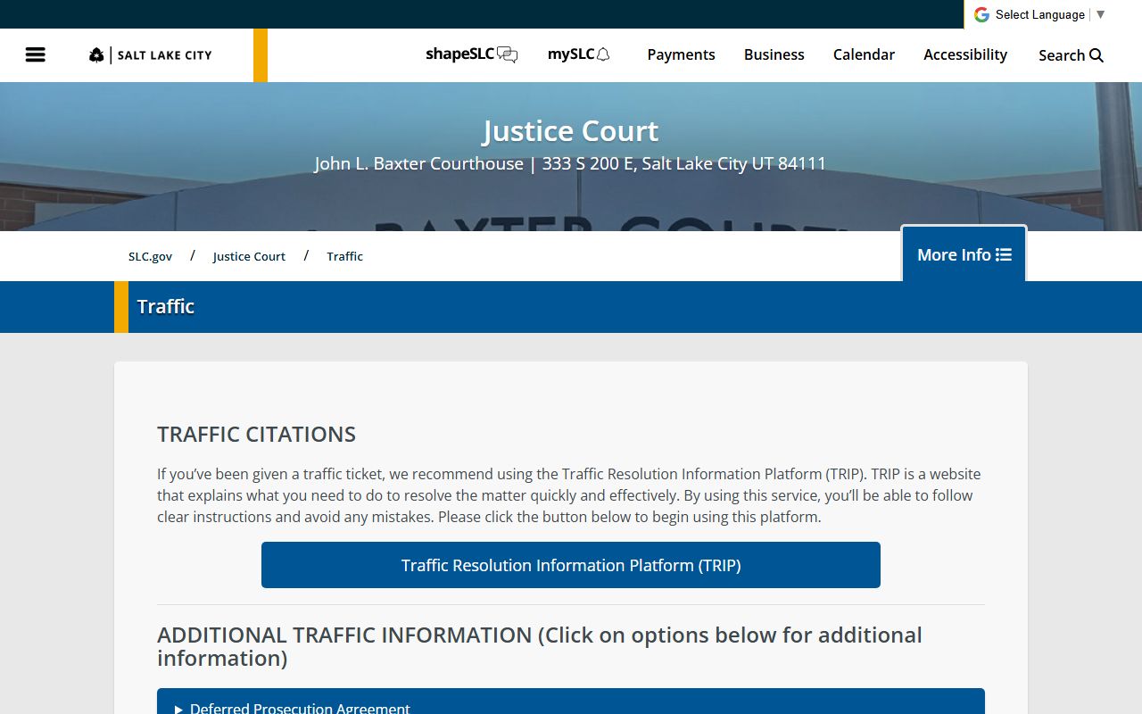 Salt Lake City traffic citations page showing payment and resolution options