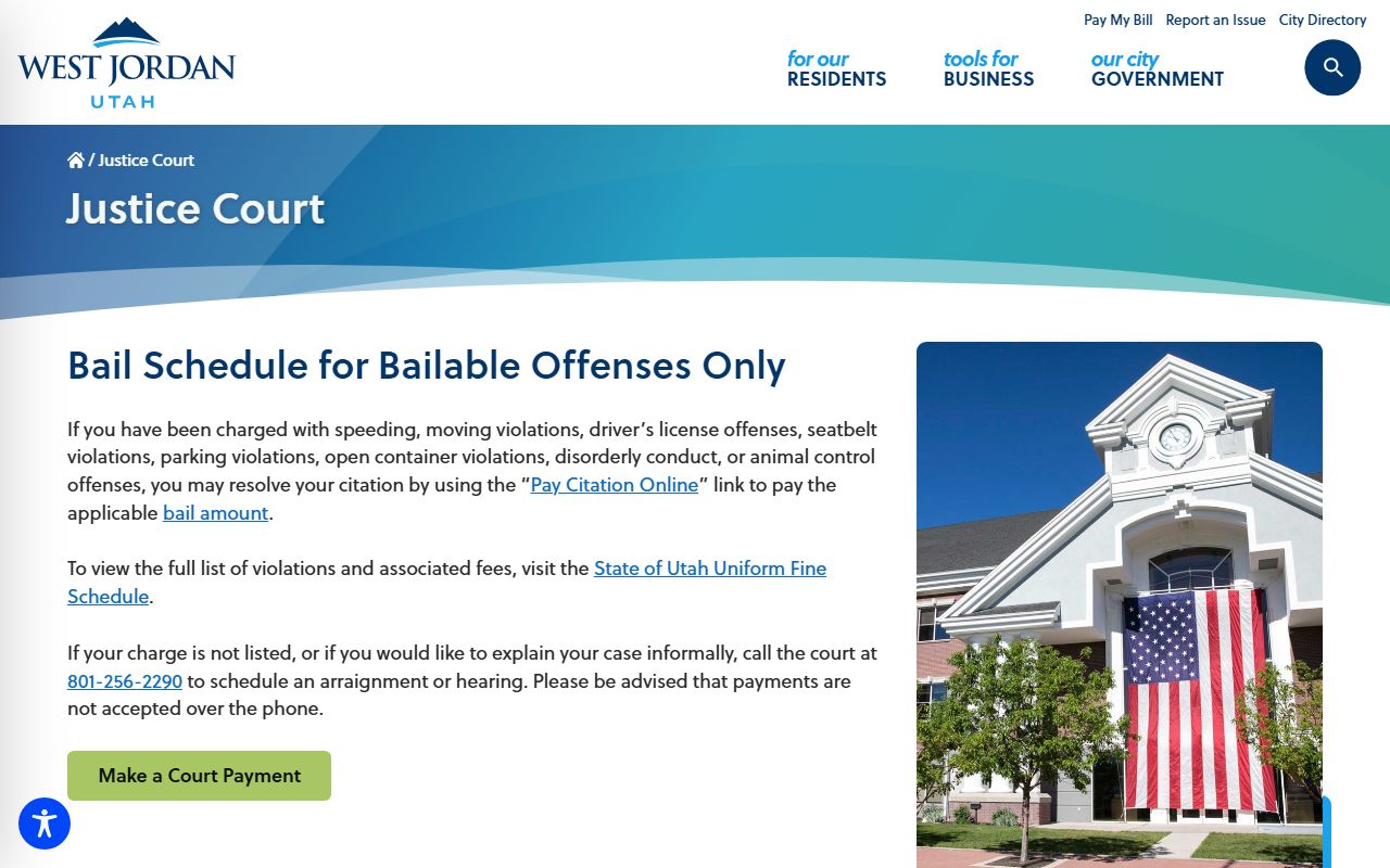 West Jordan Justice Court information page for traffic ticket records