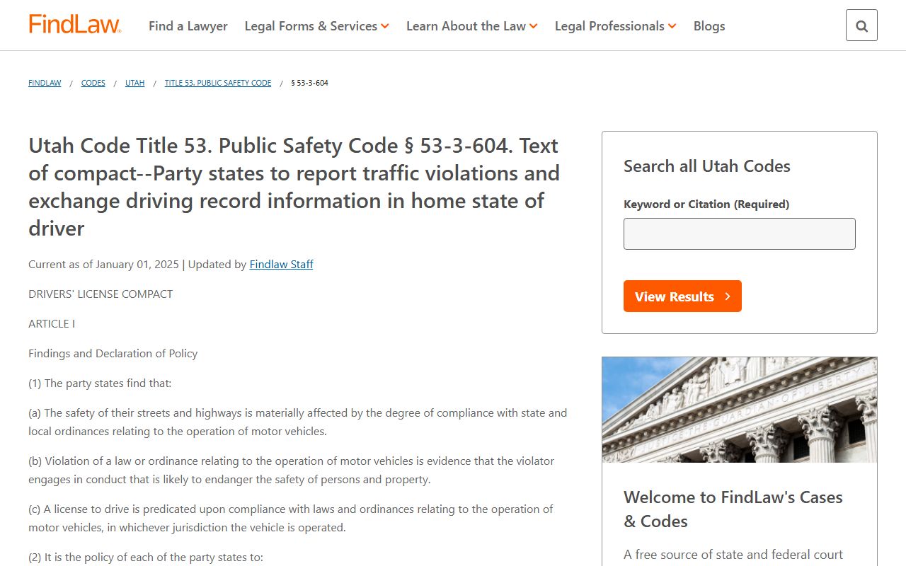 Utah Driver License Compact statute for out-of-state traffic tickets