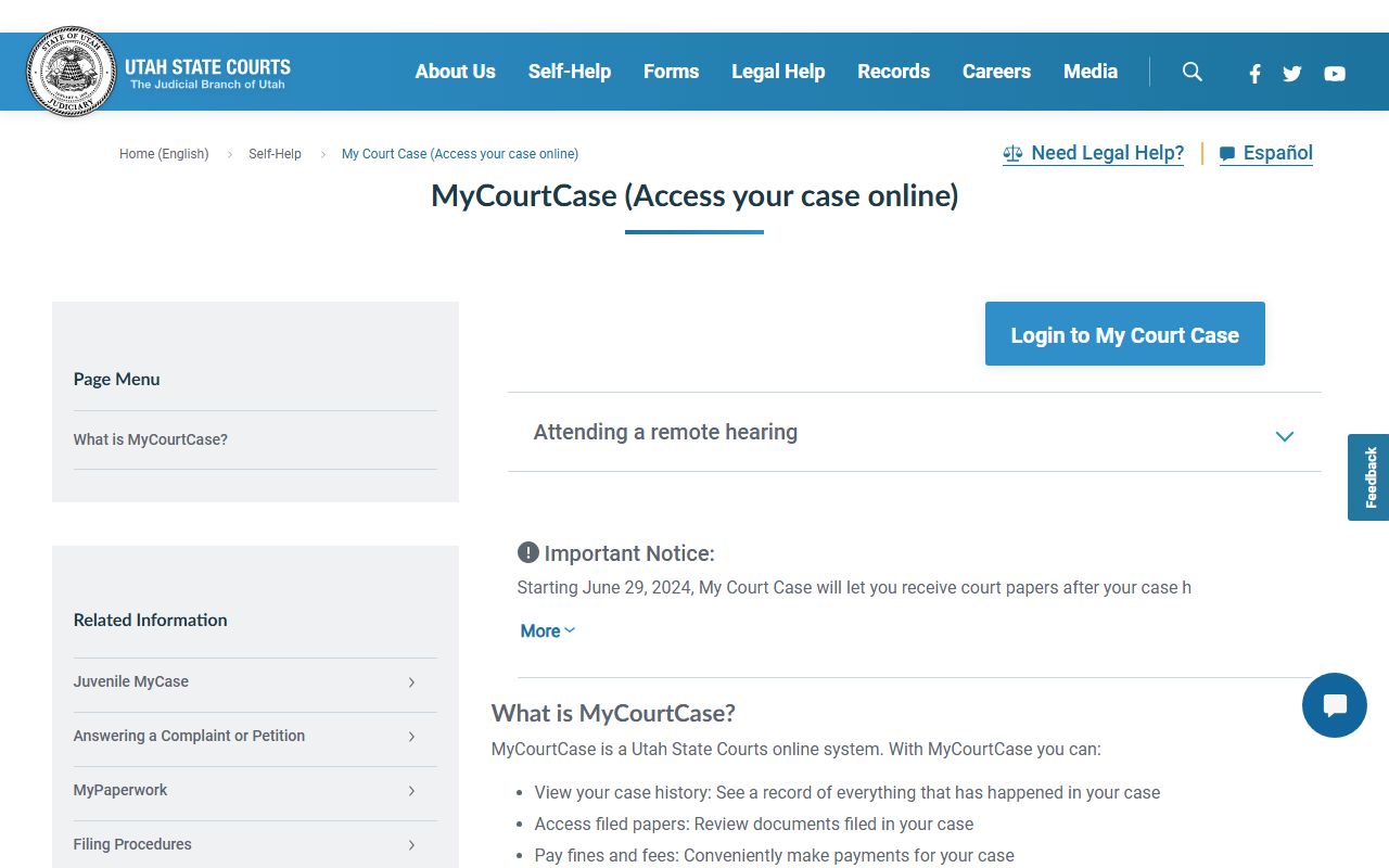 Utah Courts MyCase portal for traffic ticket records lookup