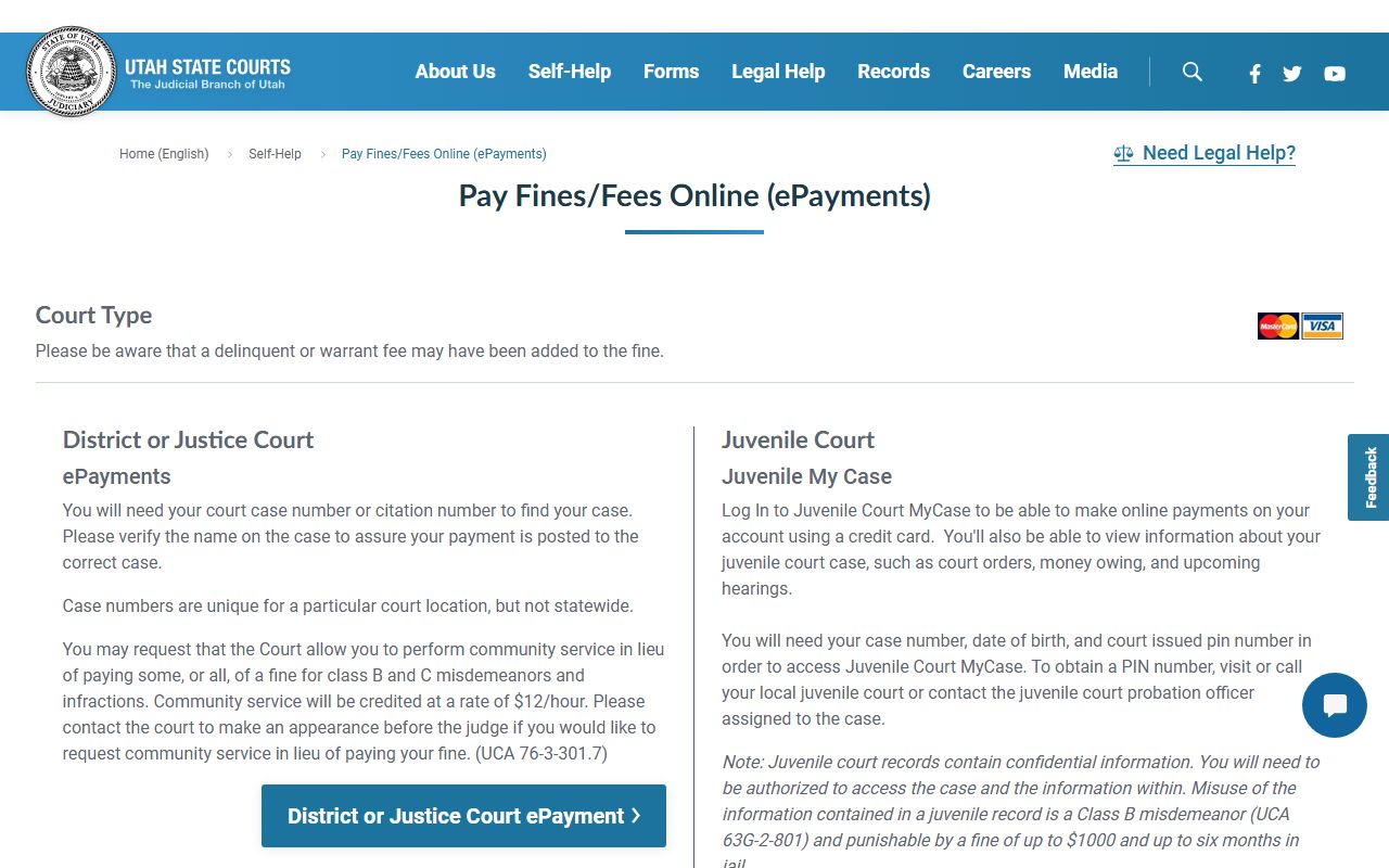 Utah Courts online payment system for traffic ticket fines